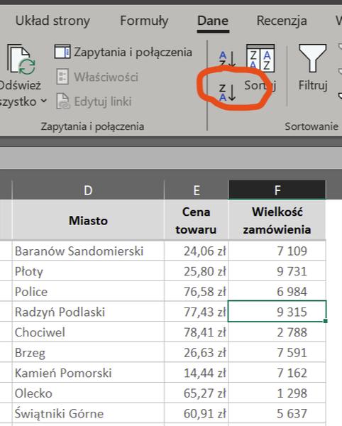 Sortowanie wierszy w Excelu